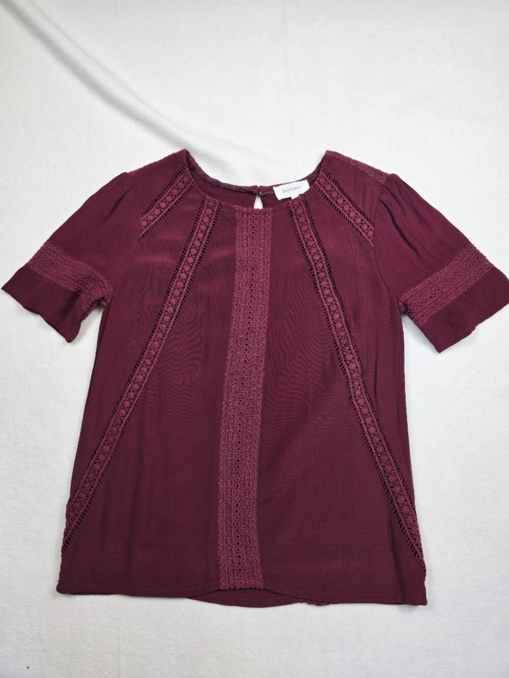 Bohme XS Womens Burgundy Short Sleeve Lace Detail Blouse Top